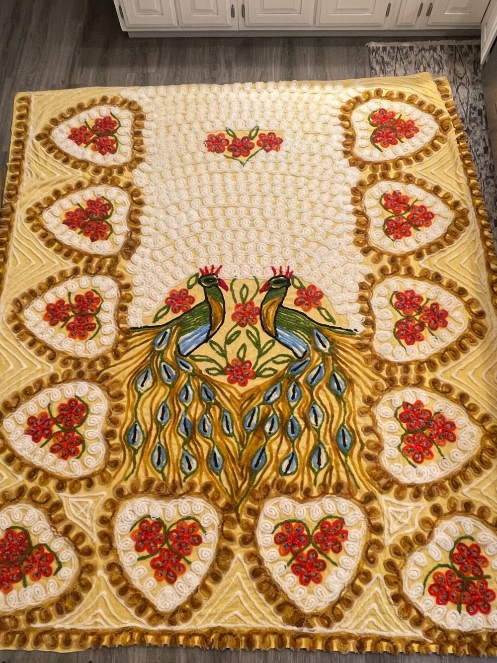 Embroidered Peacock Floral Chenille throw - Gold, Green, Blue, Red